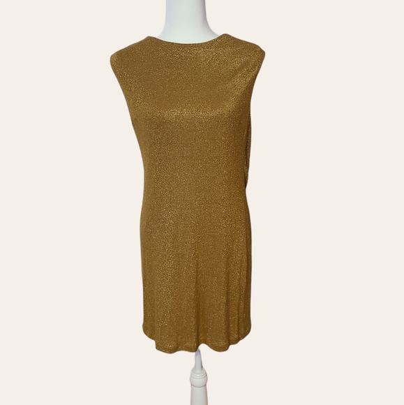 Like new gold/metallic draped low back BCBGMaxAzria cocktail dress, size M. - Picture 2 of 4